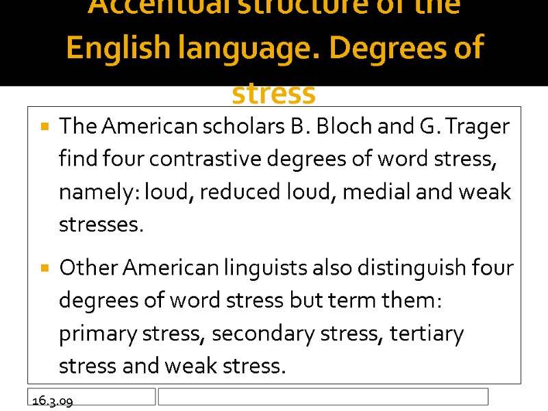 16.3.09 Accentual structure of the English language. Degrees of stress The American scholars B.